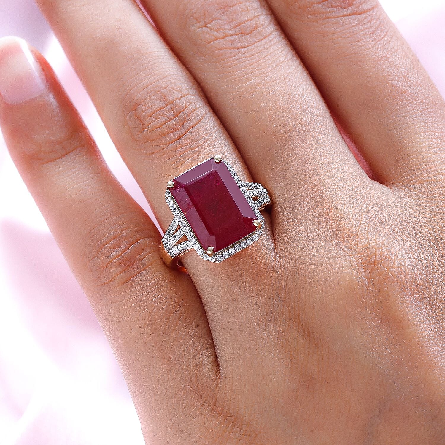 9K Yellow Gold AA African Ruby (FF) and Moissanite Halo Ring 12.11 Ct.