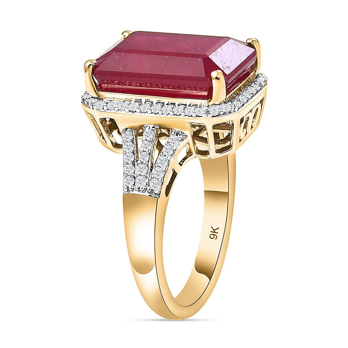 9K Yellow Gold AA African Ruby (FF) and Moissanite Halo Ring 12.11 Ct.