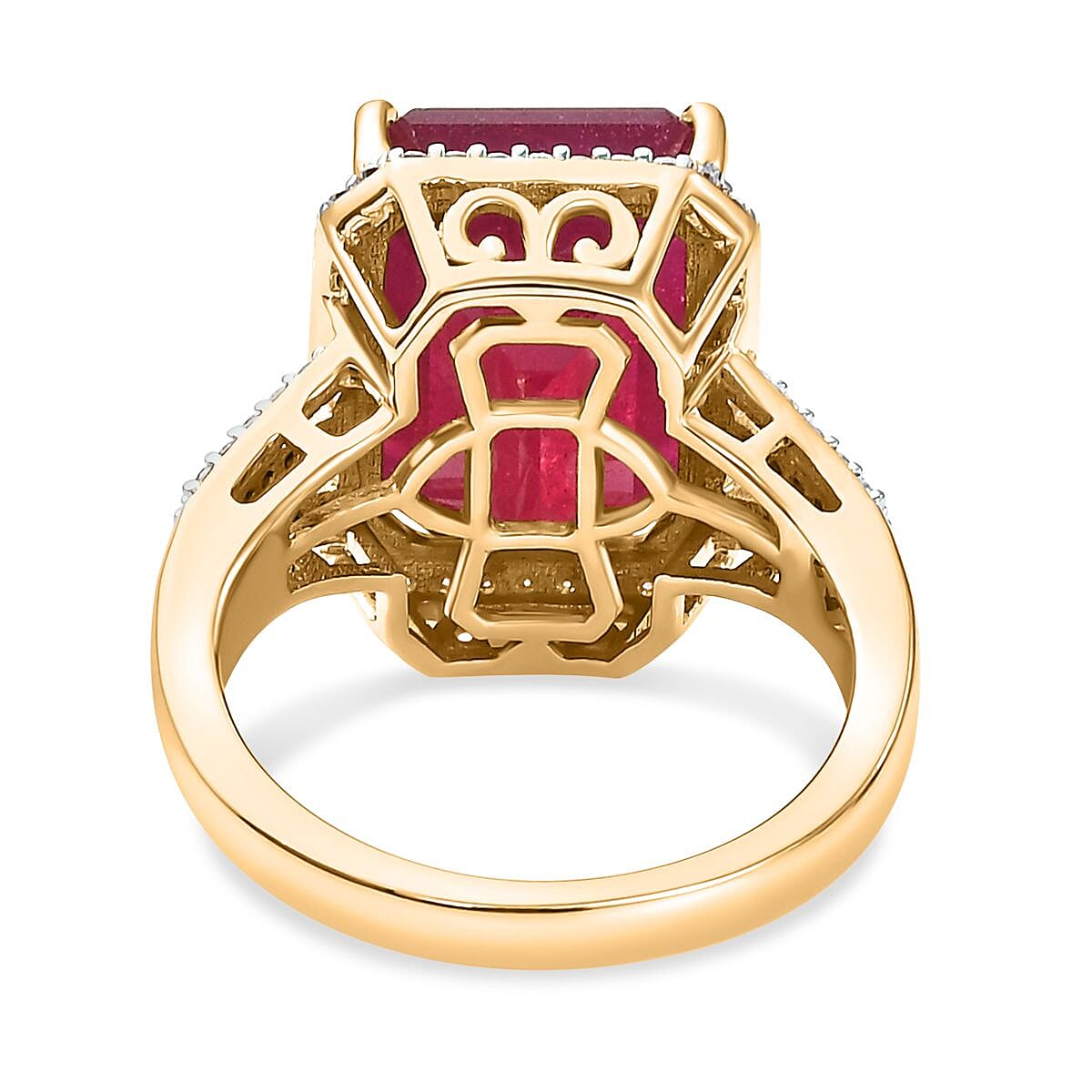 9K Yellow Gold AA African Ruby (FF) and Moissanite Halo Ring 12.11 Ct.