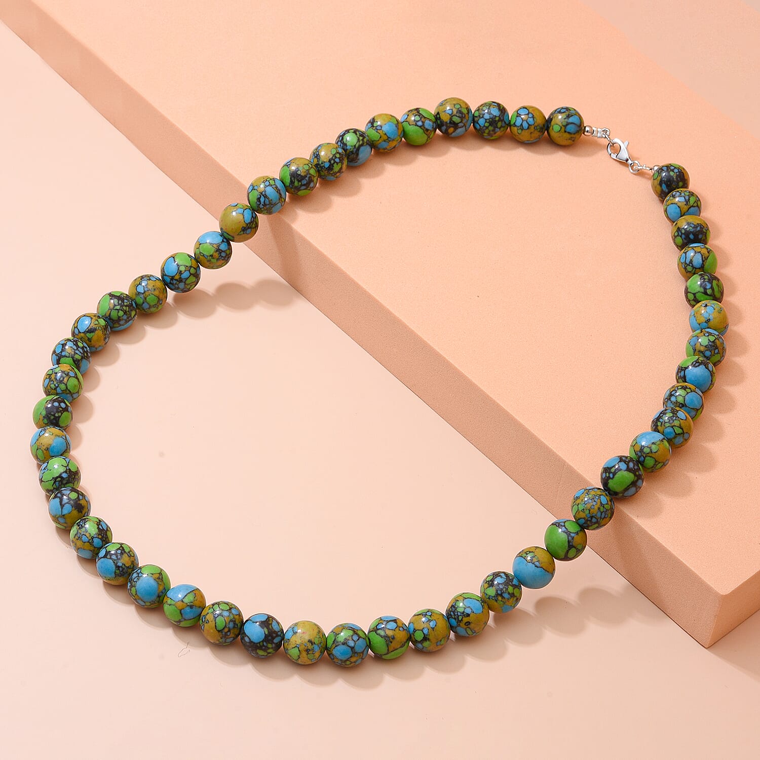 Tucson Special-Green Copper Turquoise Beads Necklace (Size - 20) in Rhodium Overlay Sterling Silver 250.0 Ct.