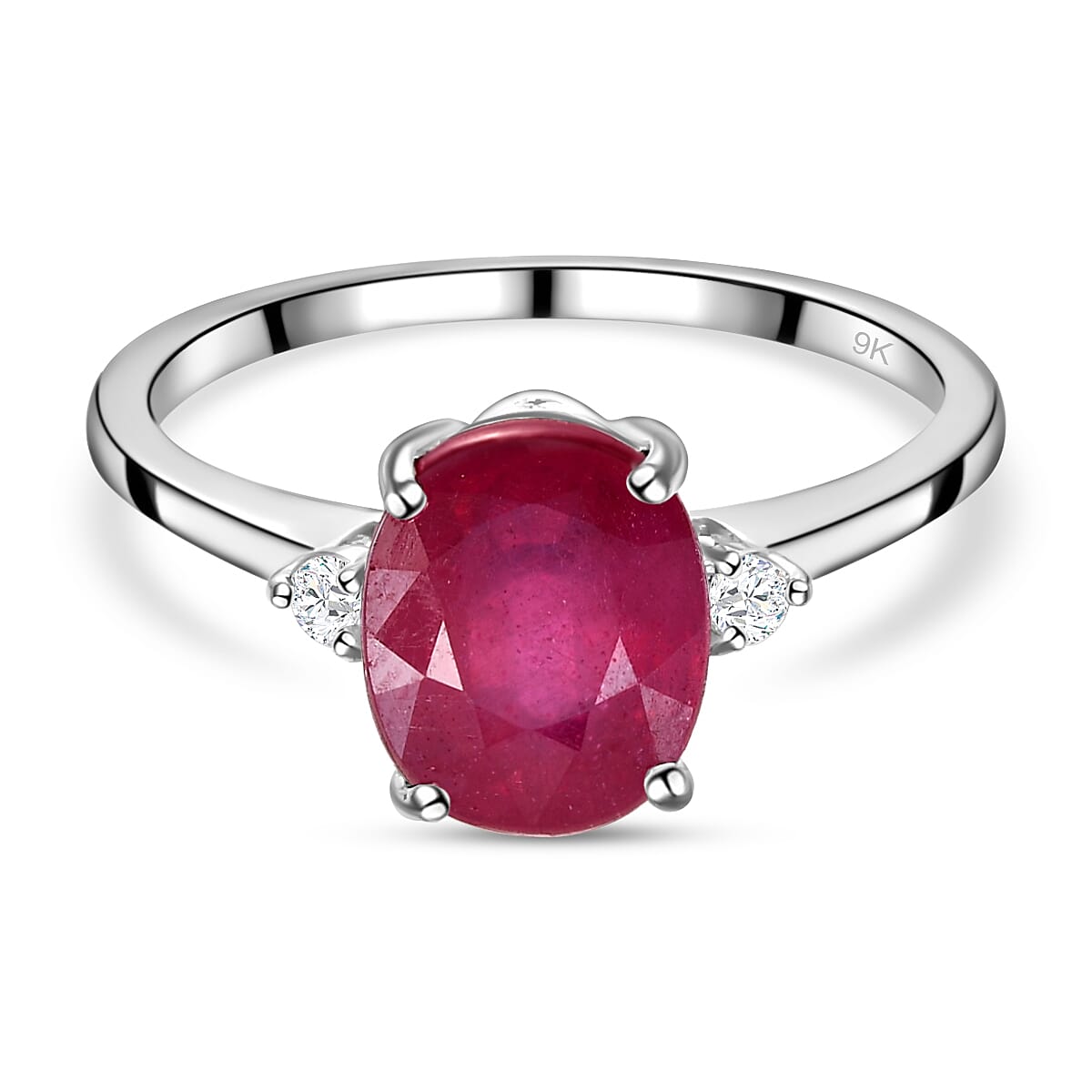 9K White Gold African Ruby and Moissanite Ring 3.96 Ct.