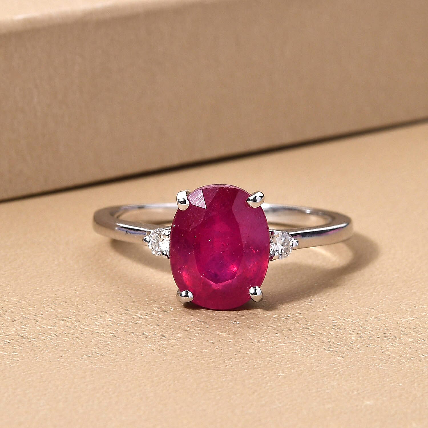 9K White Gold African Ruby and Moissanite Ring 3.96 Ct.