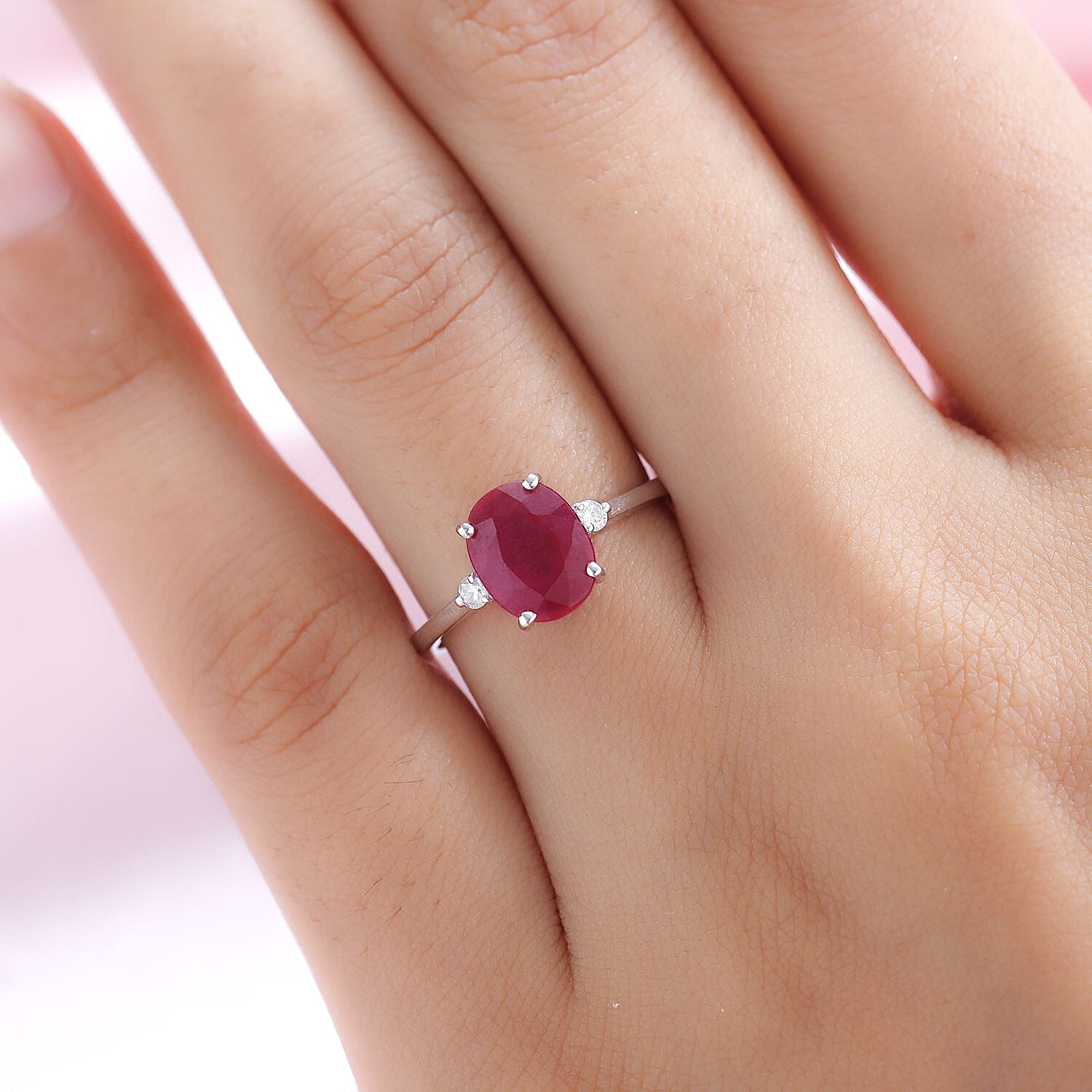 9K White Gold African Ruby and Moissanite Ring 3.96 Ct.