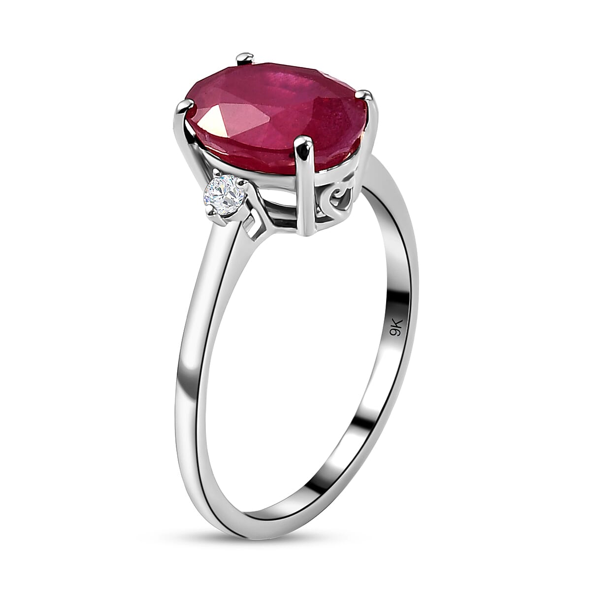 9K White Gold African Ruby and Moissanite Ring 3.96 Ct.