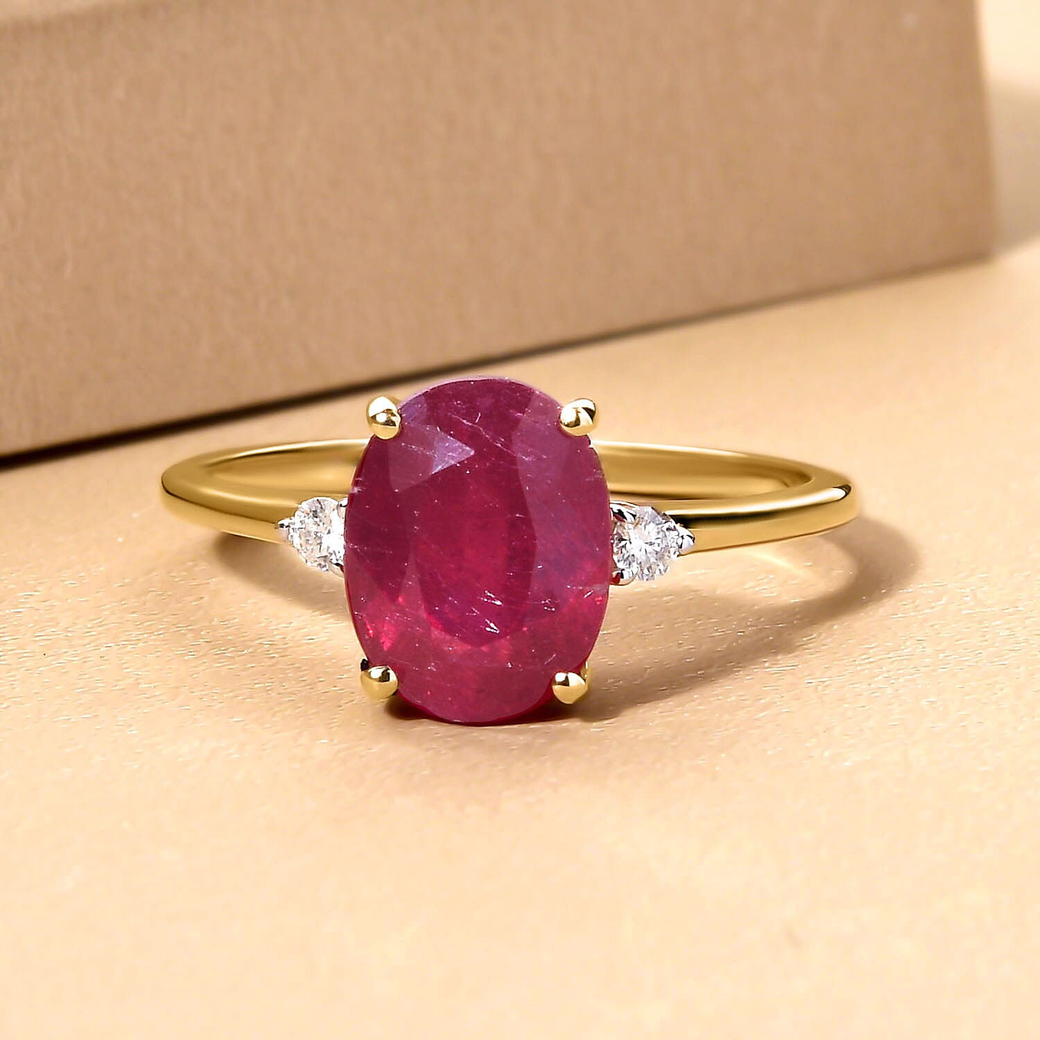 9K Yellow Gold AA African Ruby and Moissanite Ring 3.96 Ct.