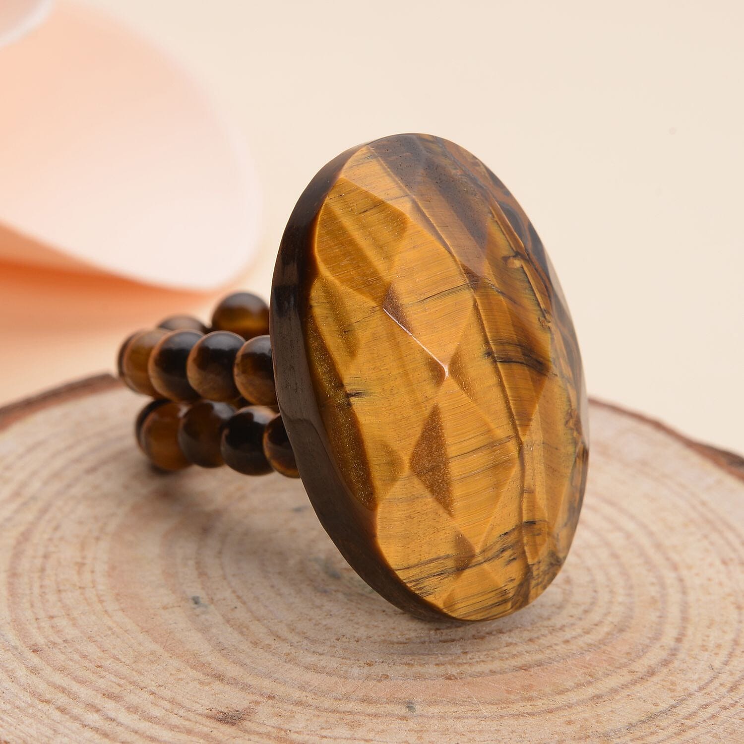 Yellow Tigers Eye Ring (Size L-P Stretchable) 56.00 Ct.