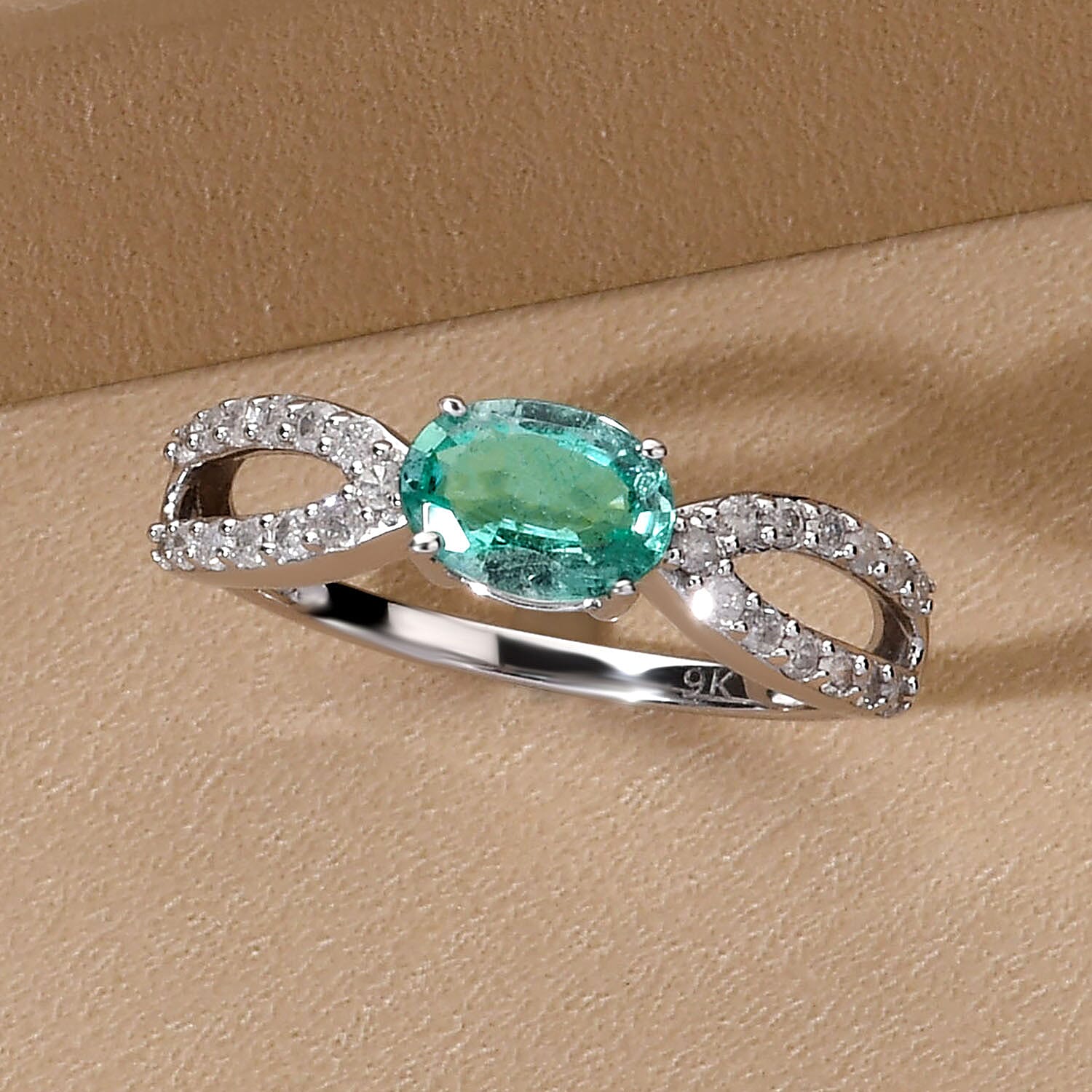 9K White Gold Kagem Zambian Emerald and Diamond Ring 1.00 Ct.