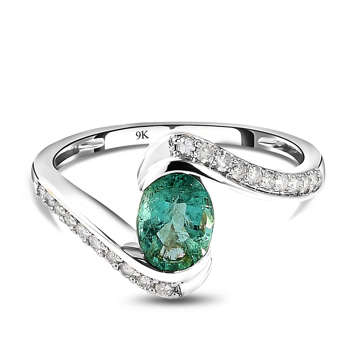 9K White Gold Kagem Zambian Emerald and Diamond Bypass Ring 1.00 Ct.