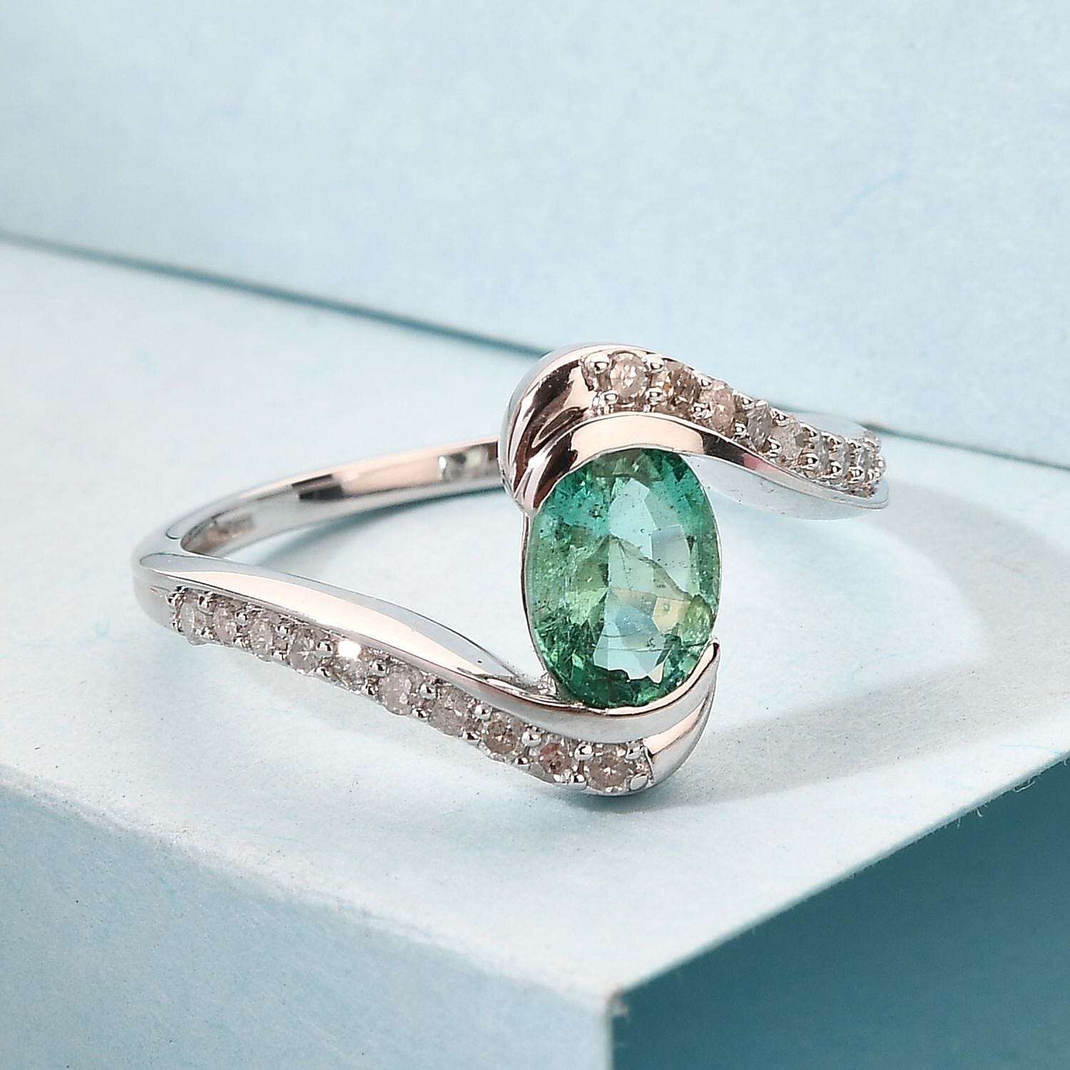 9K White Gold Kagem Zambian Emerald and Diamond Bypass Ring 1.00 Ct.