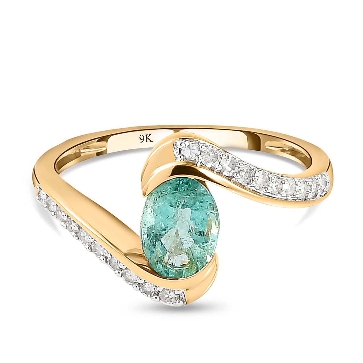 9K Yellow Gold Kagem Zambian Emerald and Diamond Bypass Ring 1.00 Ct.
