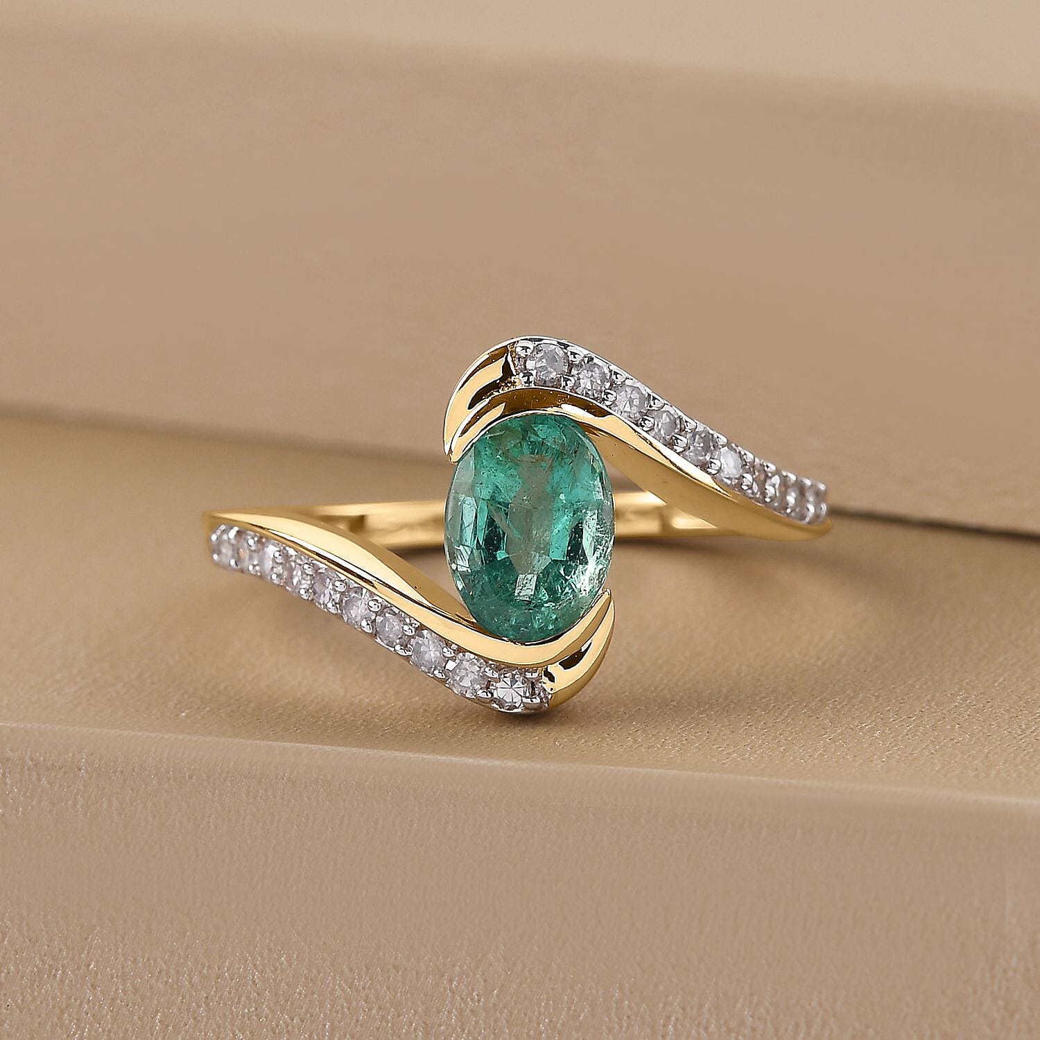 9K Yellow Gold Kagem Zambian Emerald and Diamond Bypass Ring 1.00 Ct.