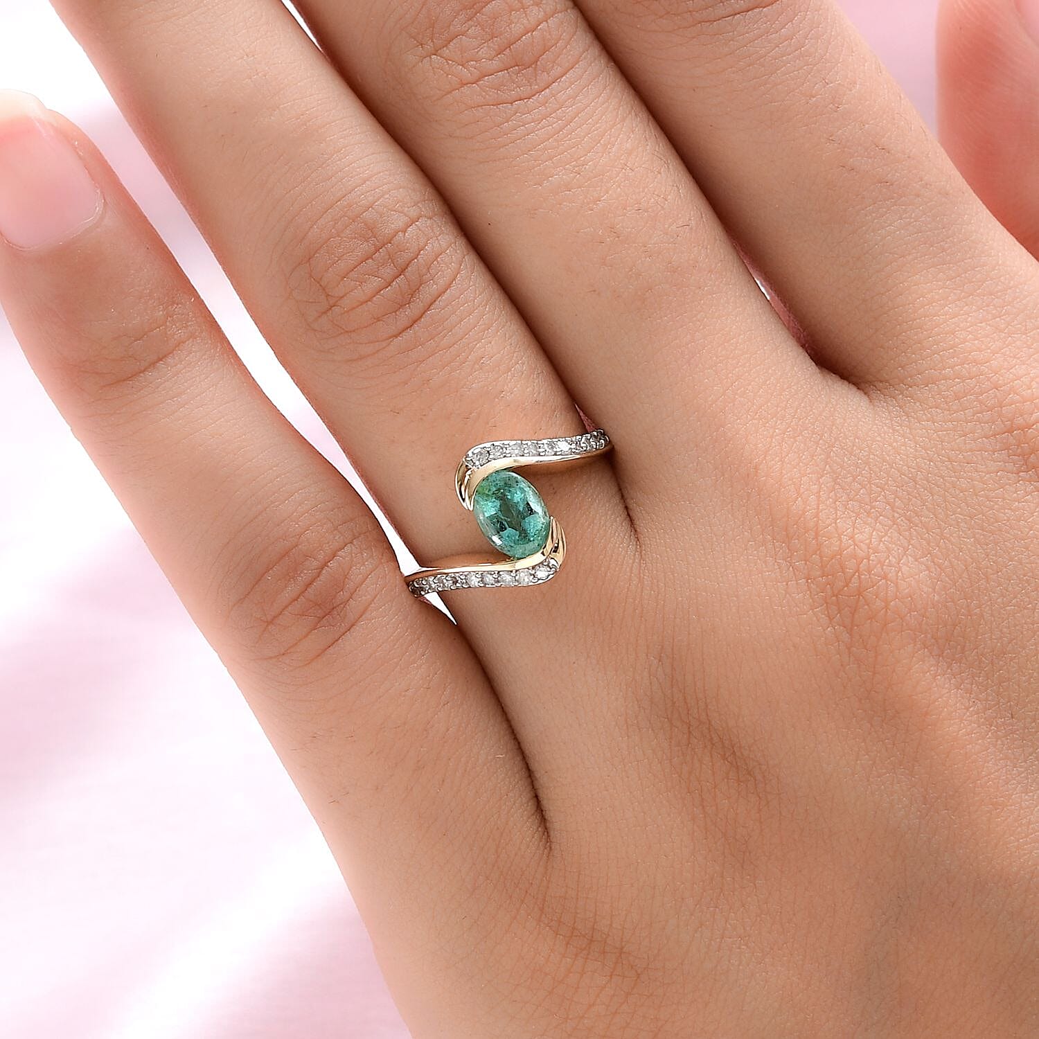 9K Yellow Gold Kagem Zambian Emerald and Diamond Bypass Ring 1.00 Ct.