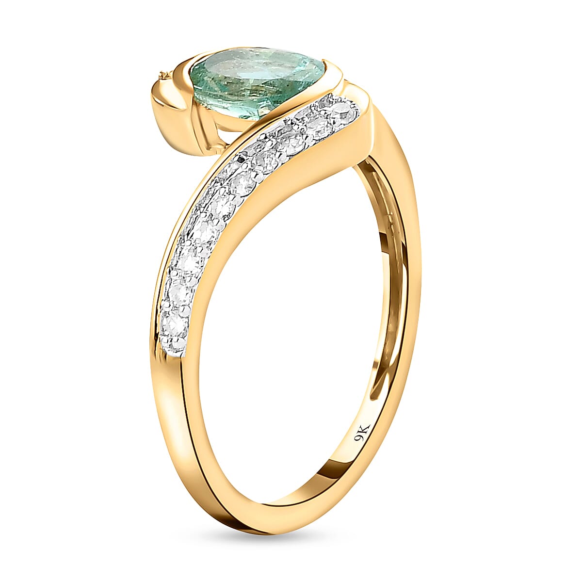 9K Yellow Gold Kagem Zambian Emerald and Diamond Bypass Ring 1.00 Ct.