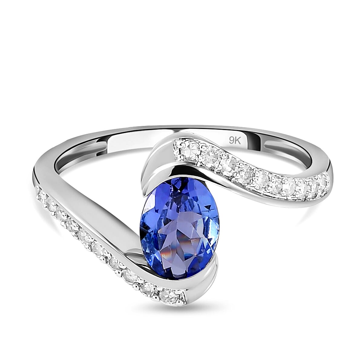 9K White Gold Tanzanite and Diamond Bypass Ring 1.06 Ct