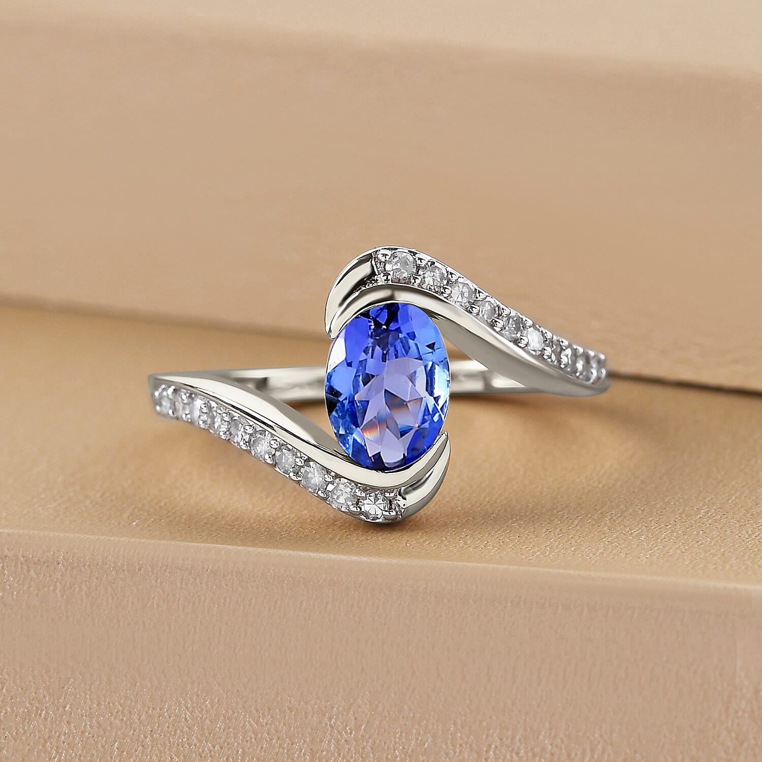 9K White Gold Tanzanite and Diamond Bypass Ring 1.06 Ct