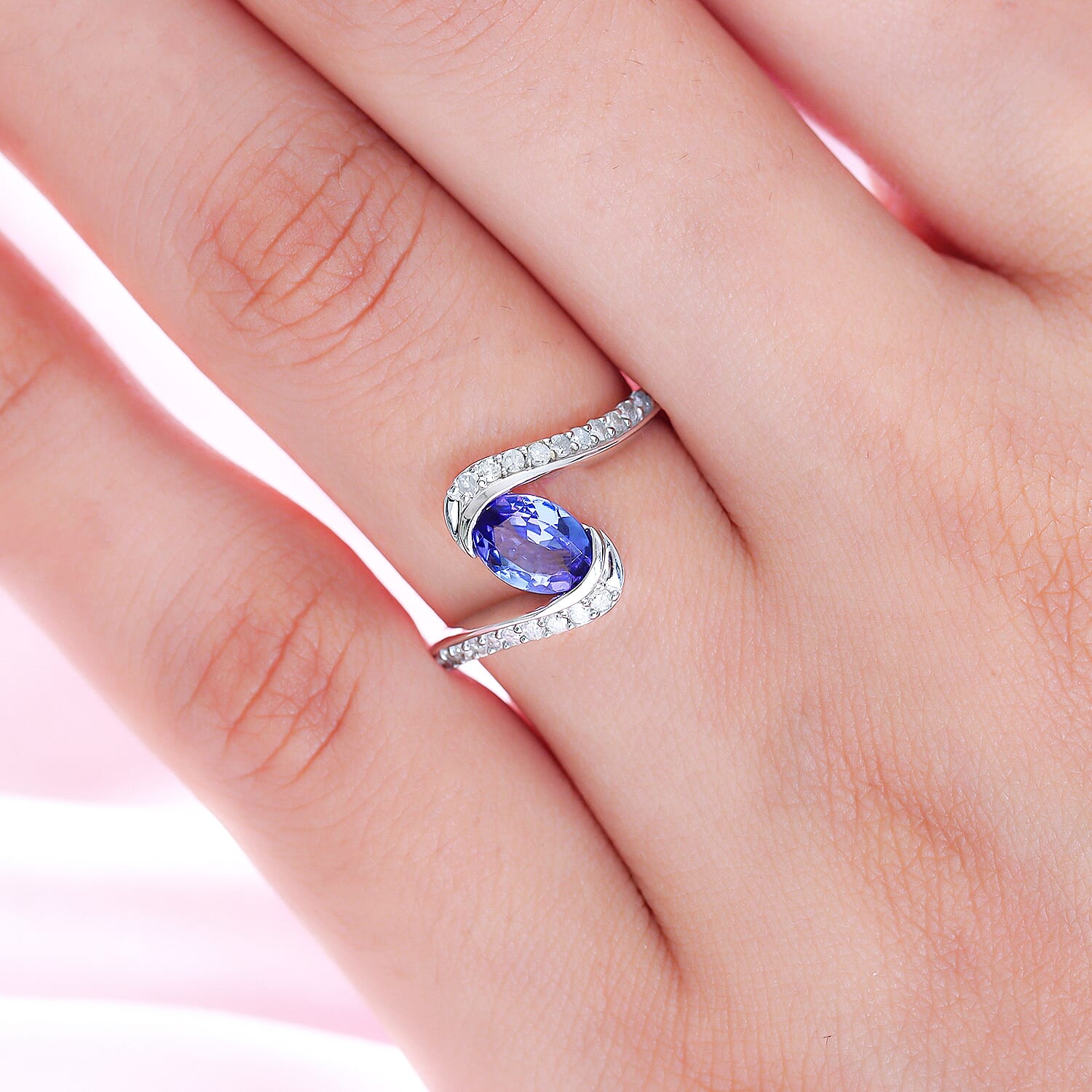 9K White Gold Tanzanite and Diamond Bypass Ring 1.06 Ct