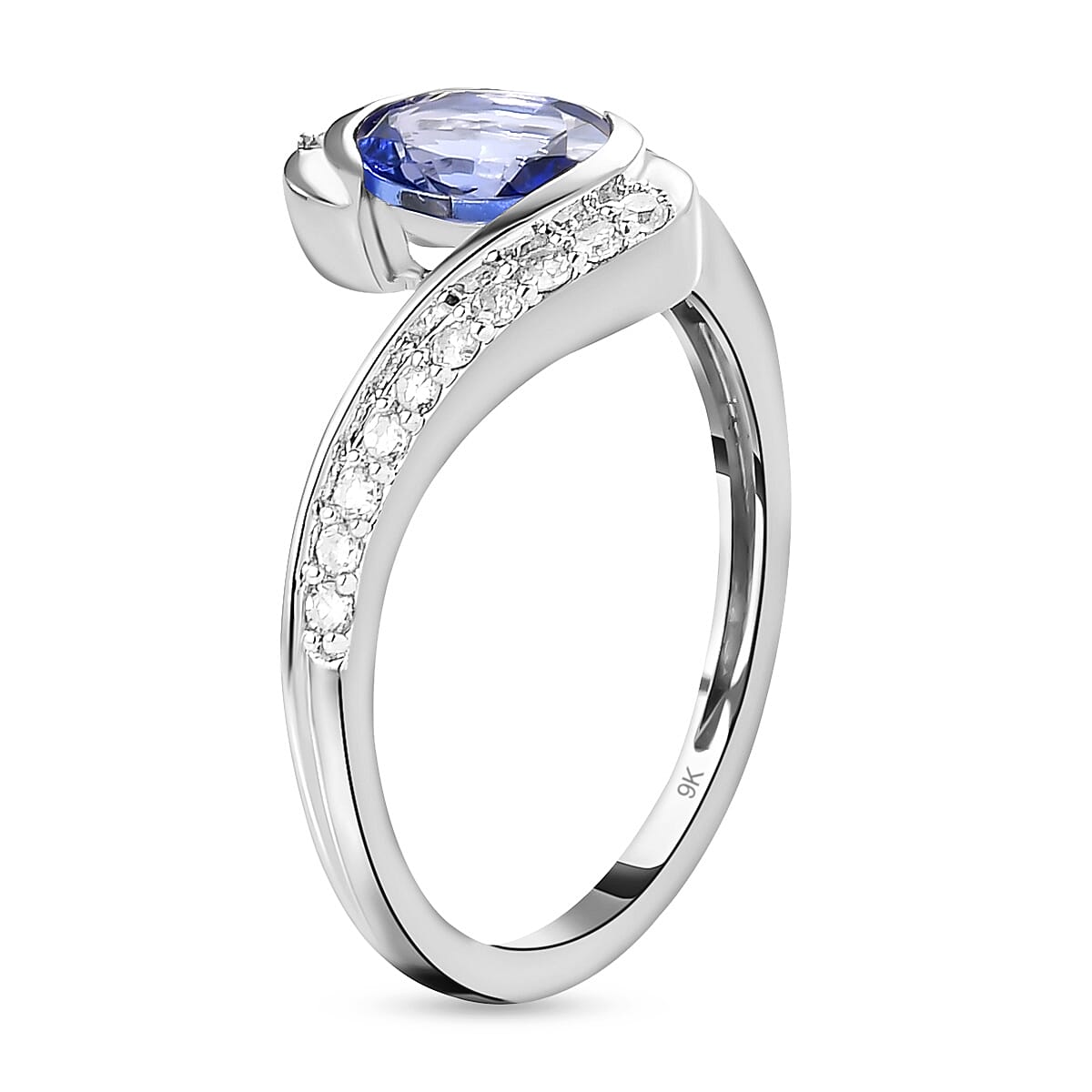 9K White Gold Tanzanite and Diamond Bypass Ring 1.06 Ct