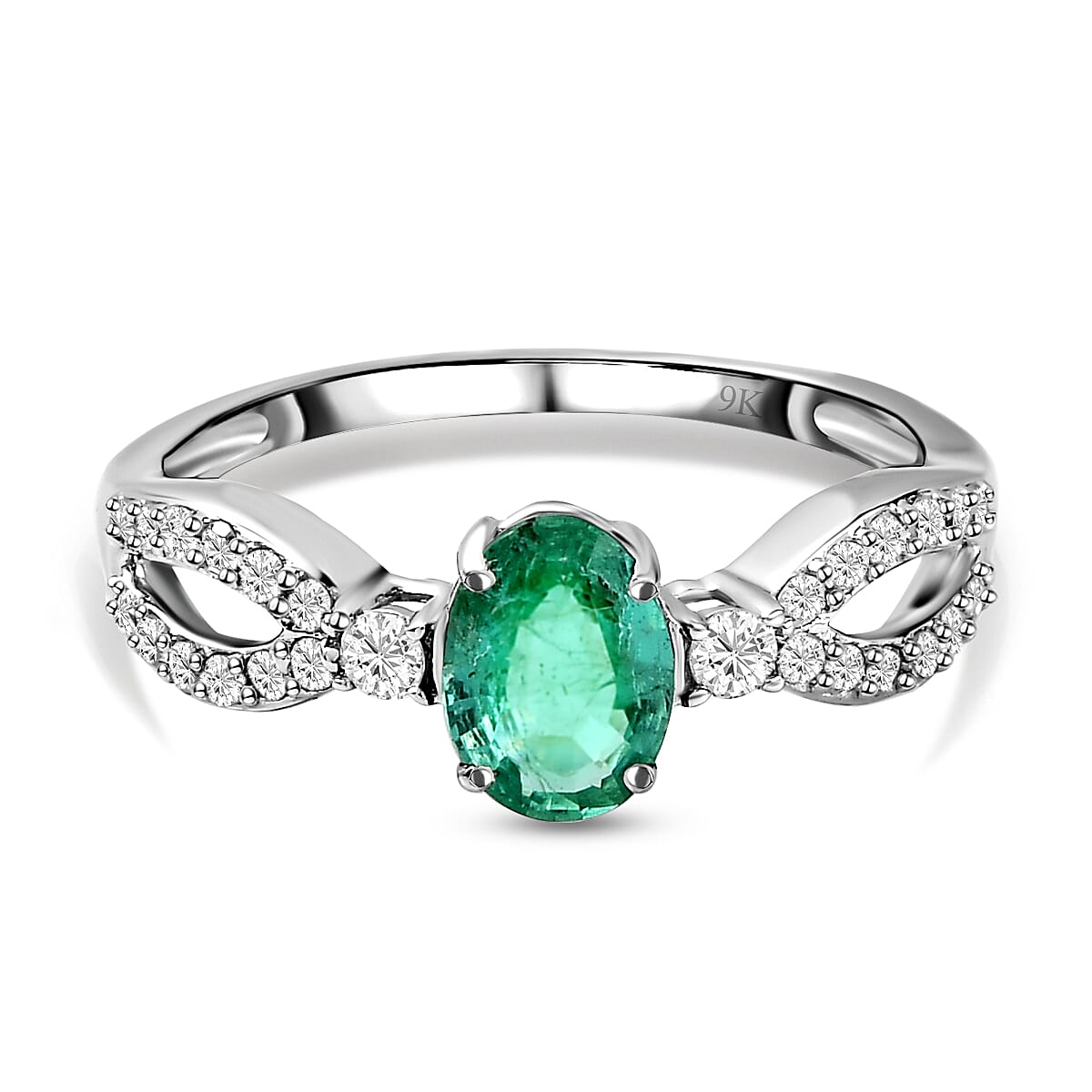 9K White Gold Kagem Zambian Emerald and Diamond Ring 1.01 Ct.