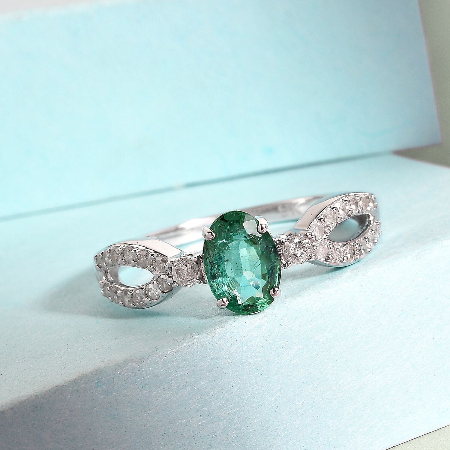 9K White Gold Kagem Zambian Emerald and Diamond Ring 1.01 Ct.