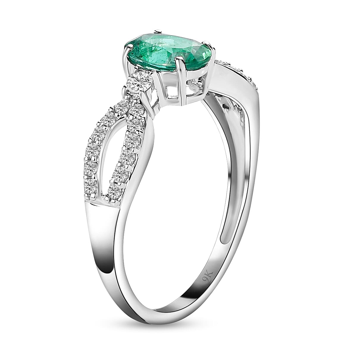 9K White Gold Kagem Zambian Emerald and Diamond Ring 1.01 Ct.