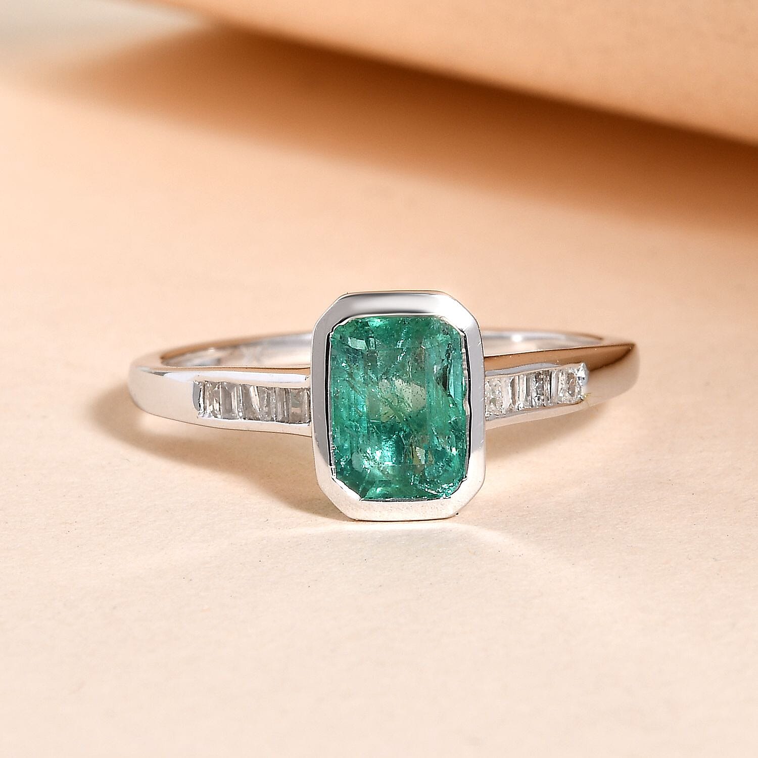 9K White Gold AA Kagem Zambian Emerald and Diamond Ring 1.08 Ct.