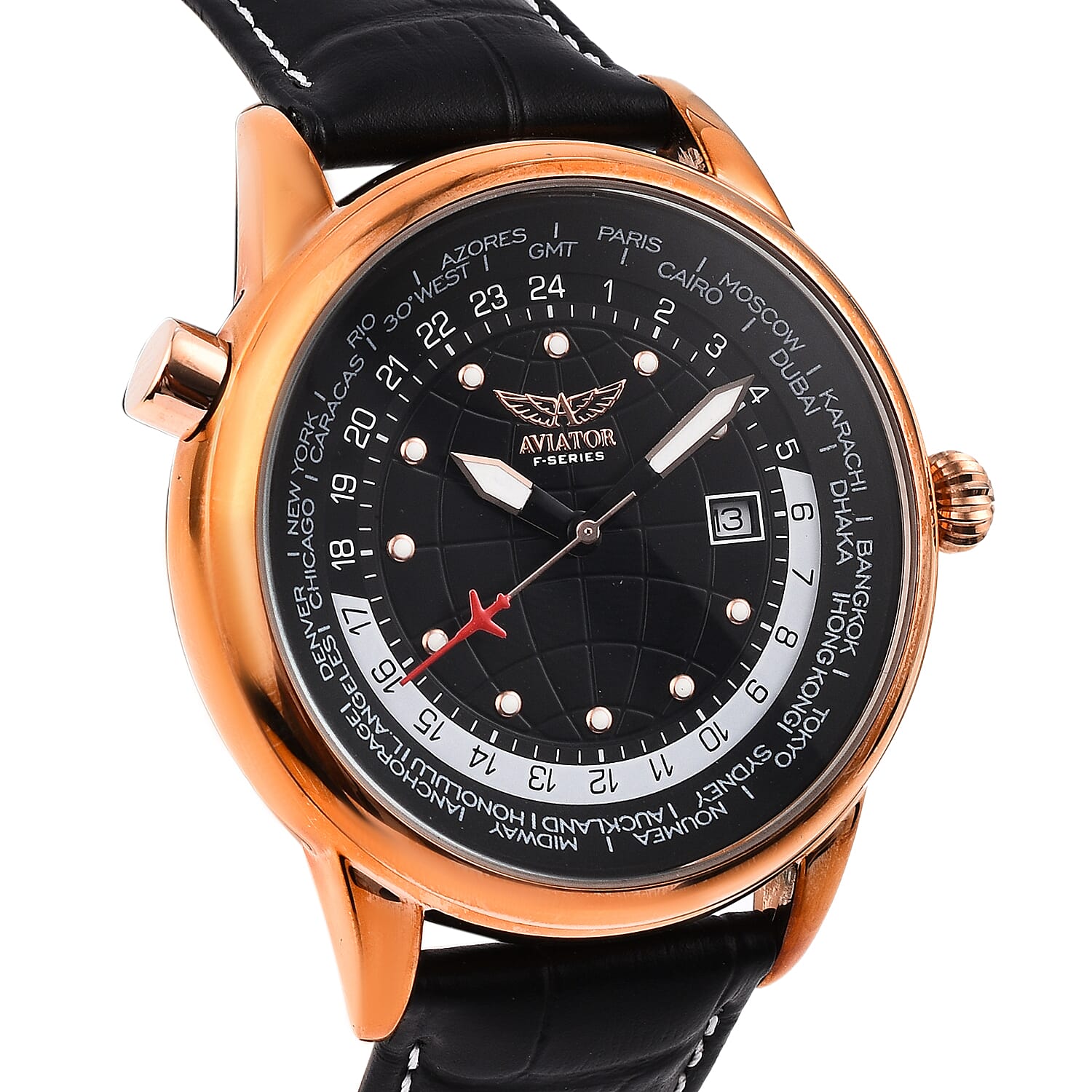 Closeout Deal - Aviator Mens Black Dial Watch with Black Leather Strap