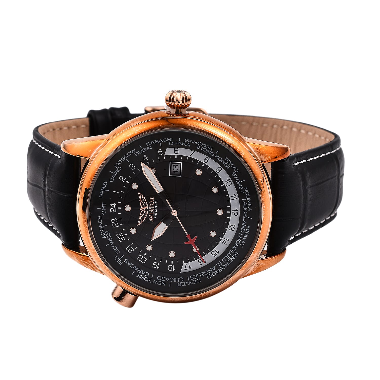 Closeout Deal - Aviator Mens Black Dial Watch with Black Leather Strap