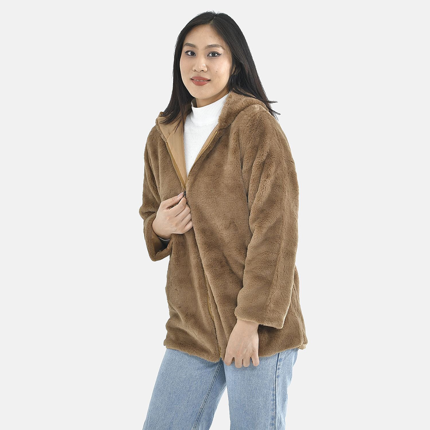 Tamsy Faux Fur Hoodie (Size L,16-18) - Brown