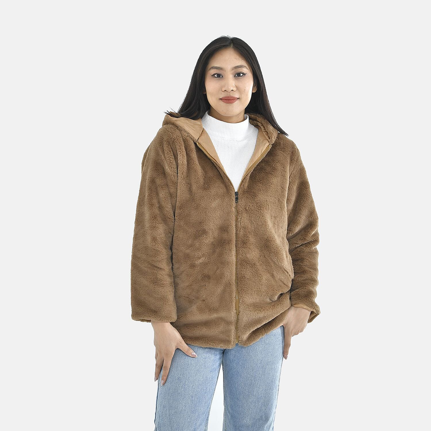 Tamsy Faux Fur Hoodie (Size L,16-18) - Brown