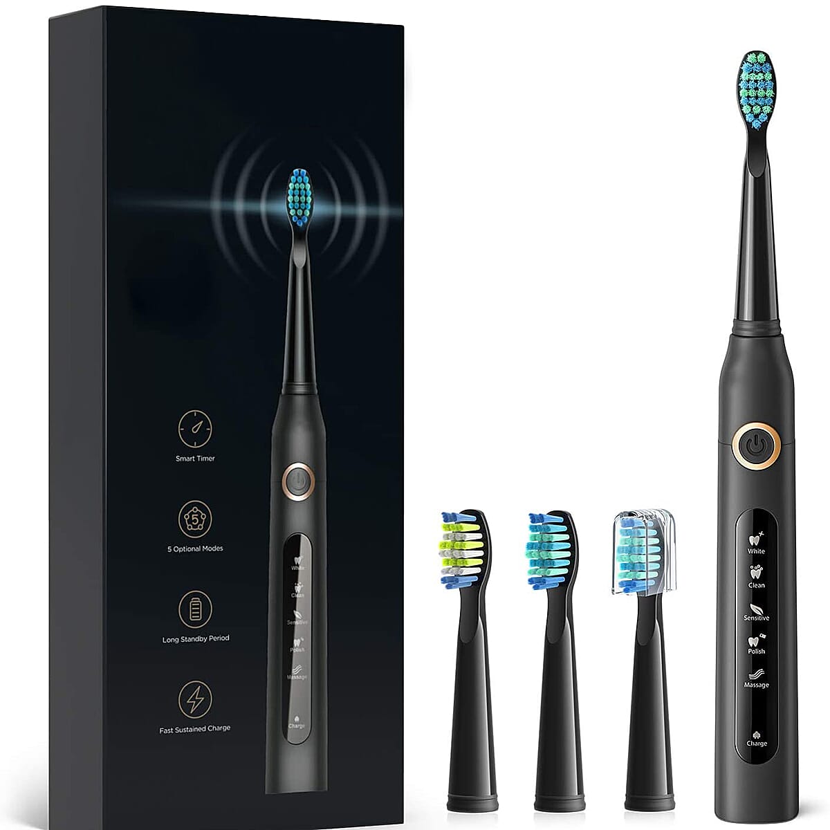 FairyWill Sonic Toothbrush With 4 Heads Black