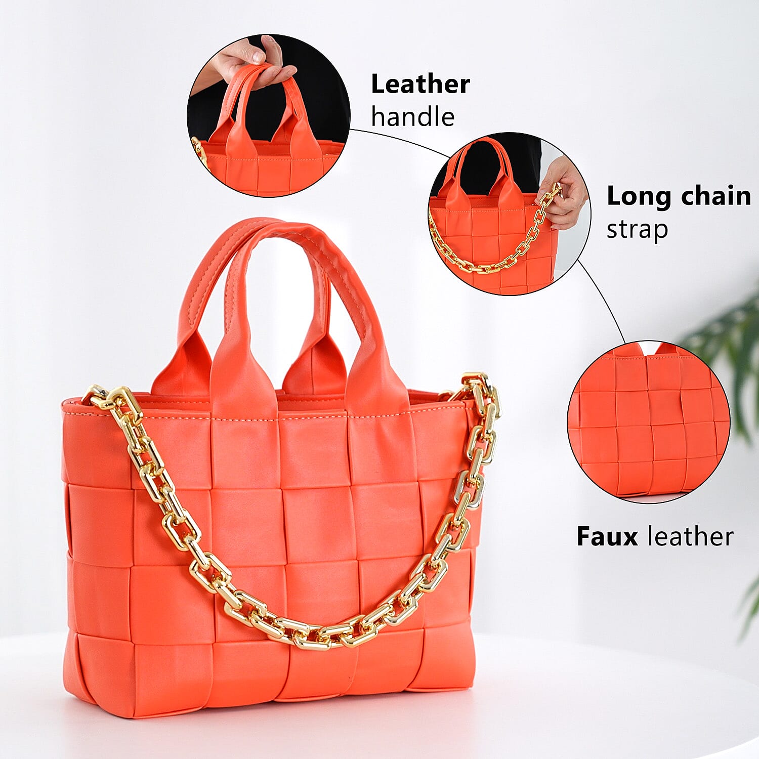 PU Geometrical Convertible Crossbody Bag with Metal Chain Handdrop - Orange