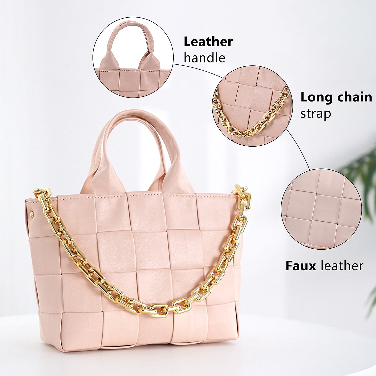 Designer Inspired - Intreccio Handbag with Metallic Chain Handle Drop - Pink