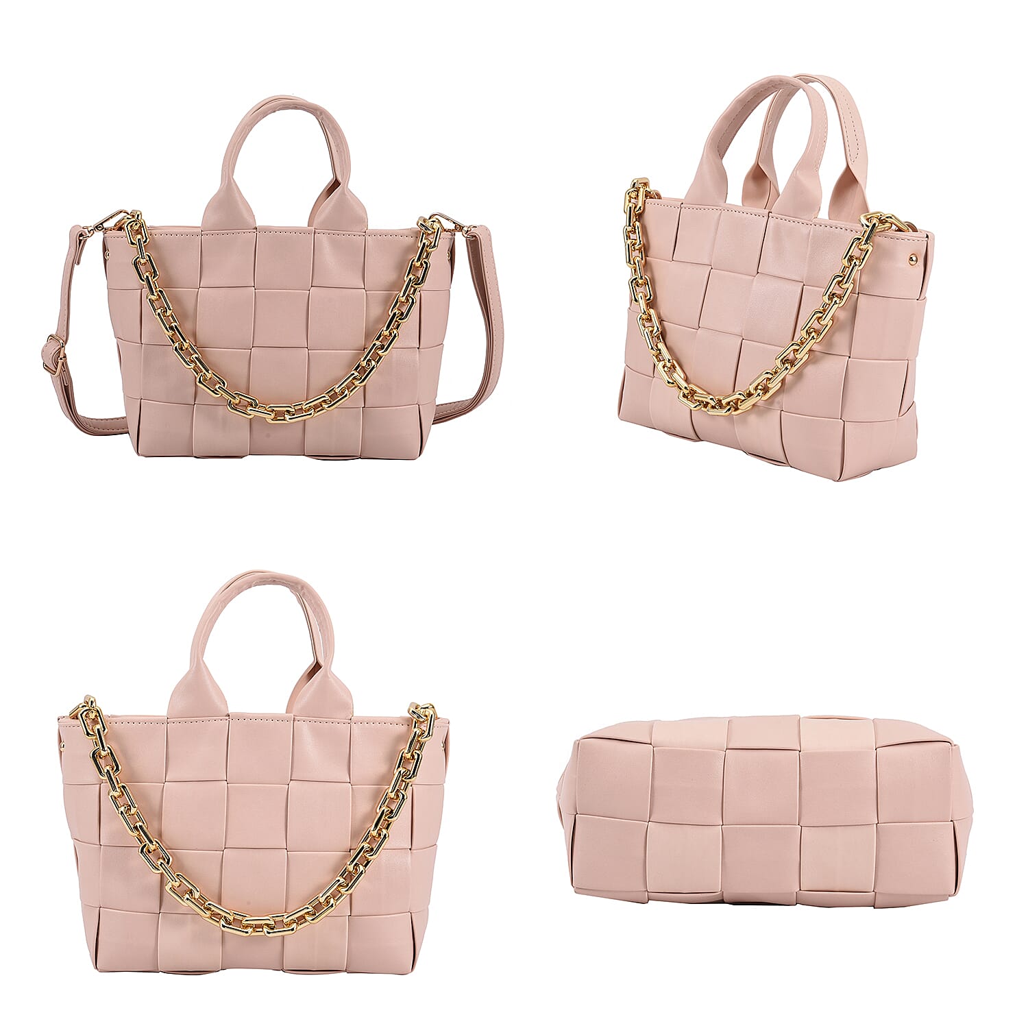 Designer Inspired - Intreccio Handbag with Metallic Chain Handle Drop - Pink