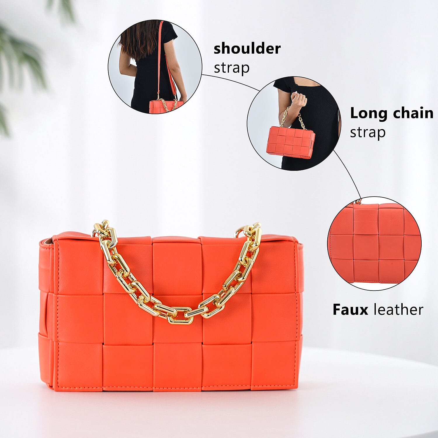 Geometrical Convertible Crossbody Bag with Metal Chain Handle Drop  - Orange
