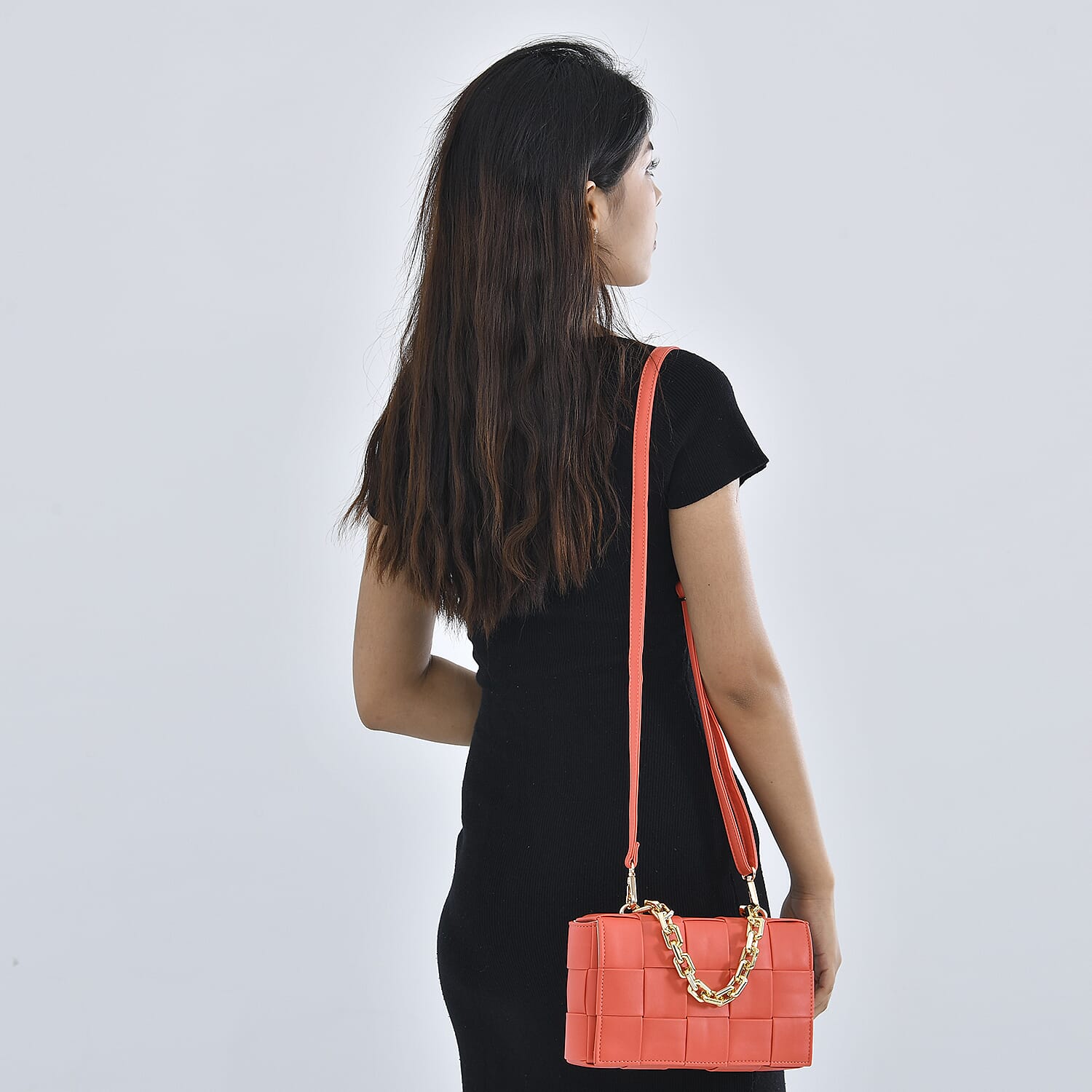 Geometrical Convertible Crossbody Bag with Metal Chain Handle Drop  - Orange
