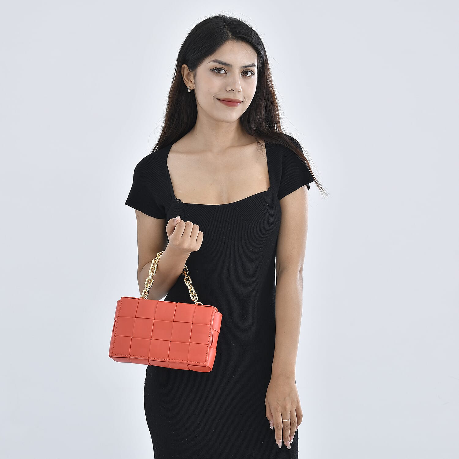 Geometrical Convertible Crossbody Bag with Metal Chain Handle Drop  - Orange