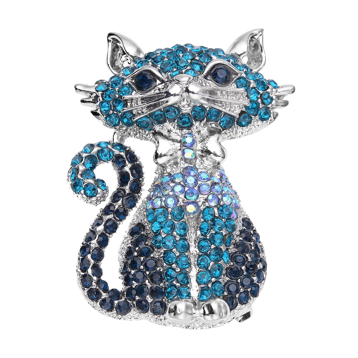 Multi Colour Austrian Crystal Cat Brooch Come Pendant in Silver Tone
