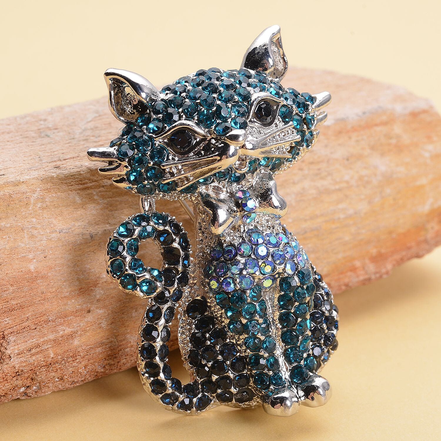 Multi Colour Austrian Crystal Cat Brooch Come Pendant in Silver Tone