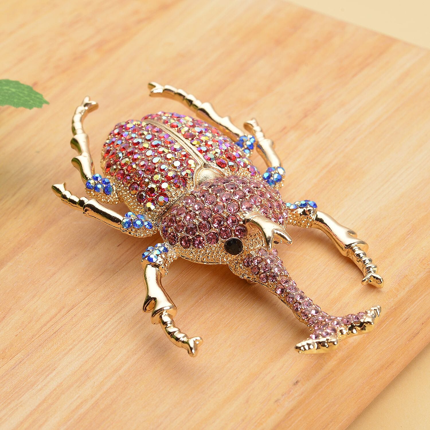 Multi Colour Austrian Crystal Beetle Brooch in Yellow Gold Tone