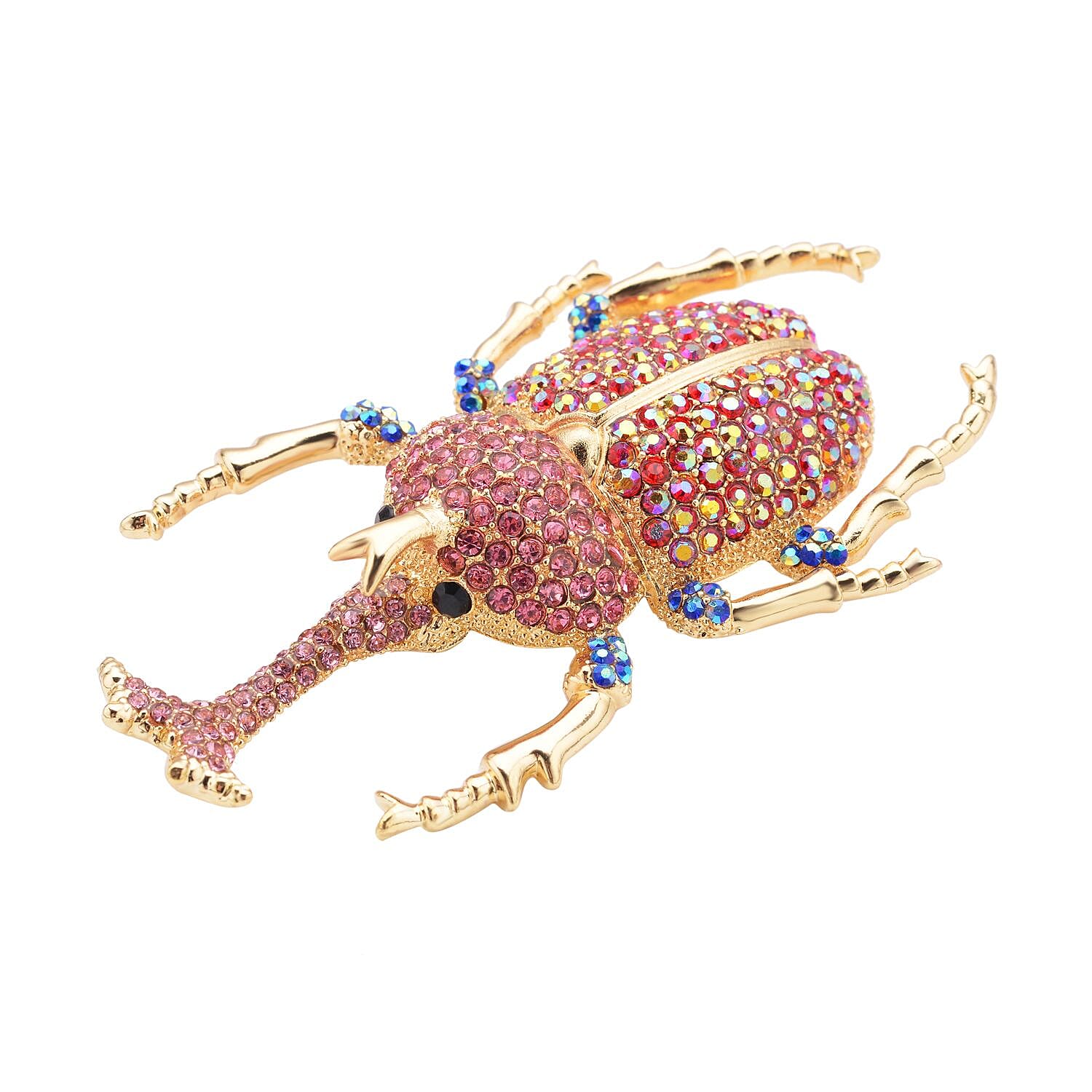Multi Colour Austrian Crystal Beetle Brooch in Yellow Gold Tone