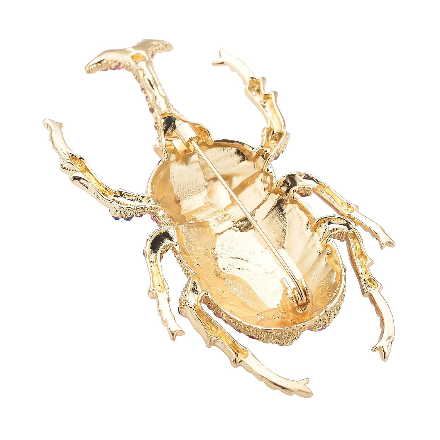 Multi Colour Austrian Crystal Beetle Brooch in Yellow Gold Tone
