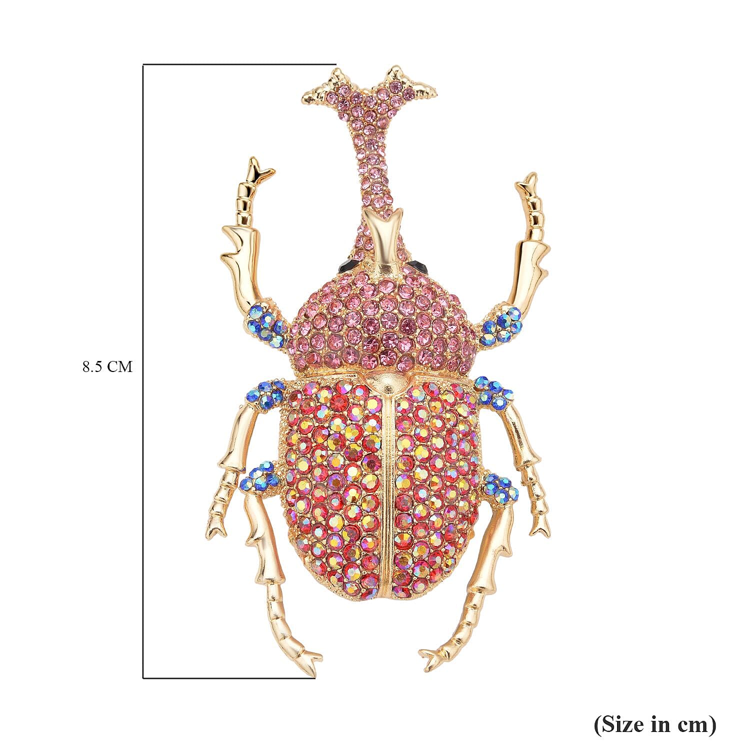 Multi Colour Austrian Crystal Beetle Brooch in Yellow Gold Tone