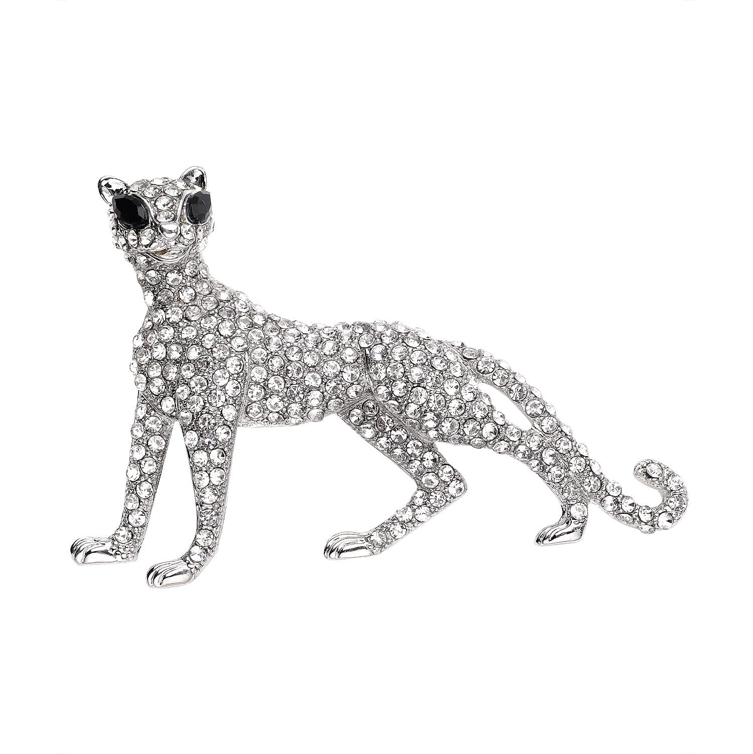 White Austrian Crystal and Simulated Black Spinel Panther Brooch in Silver Tone