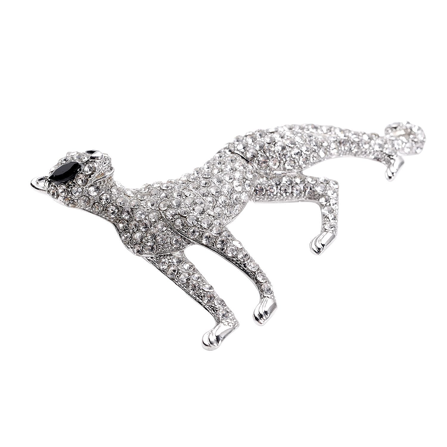 White Austrian Crystal and Simulated Black Spinel Panther Brooch in Silver Tone