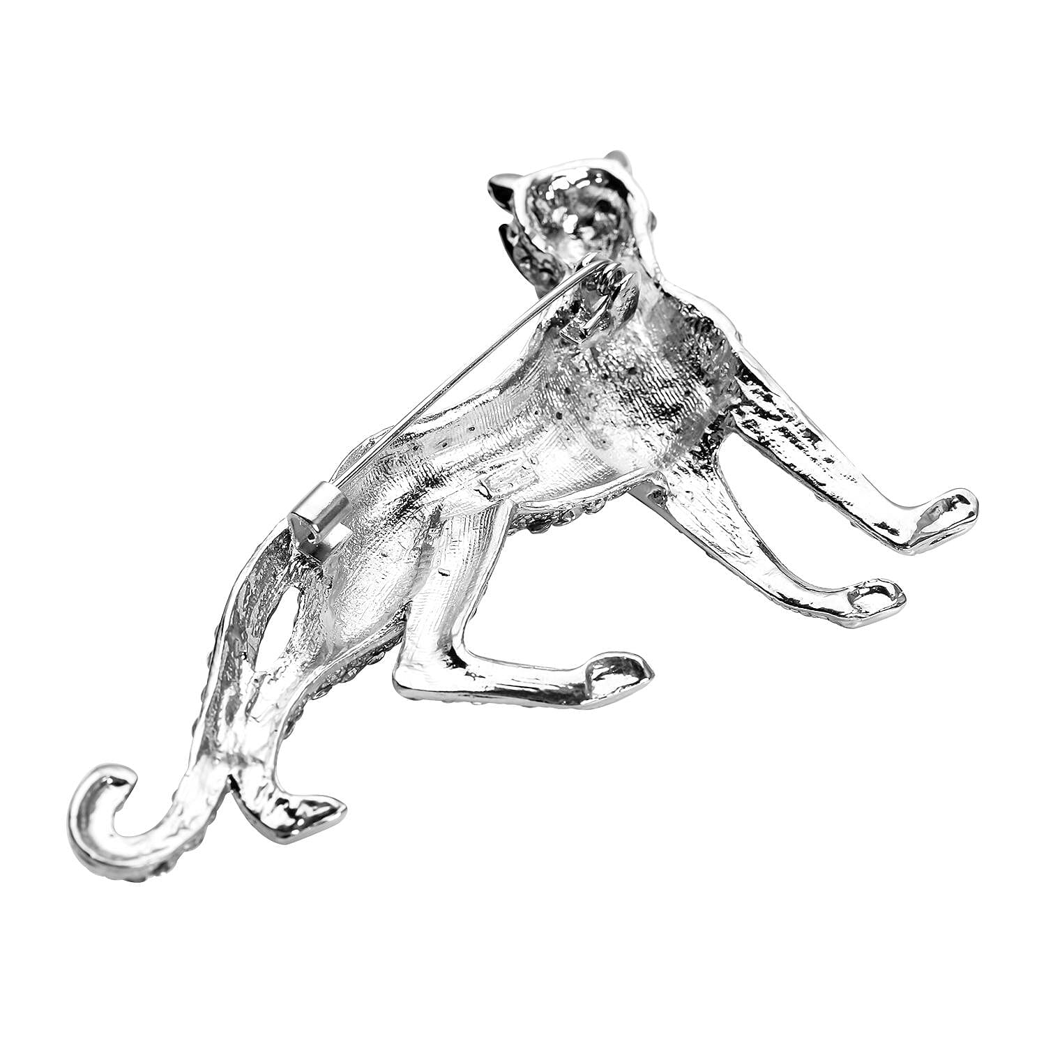 White Austrian Crystal and Simulated Black Spinel Panther Brooch in Silver Tone