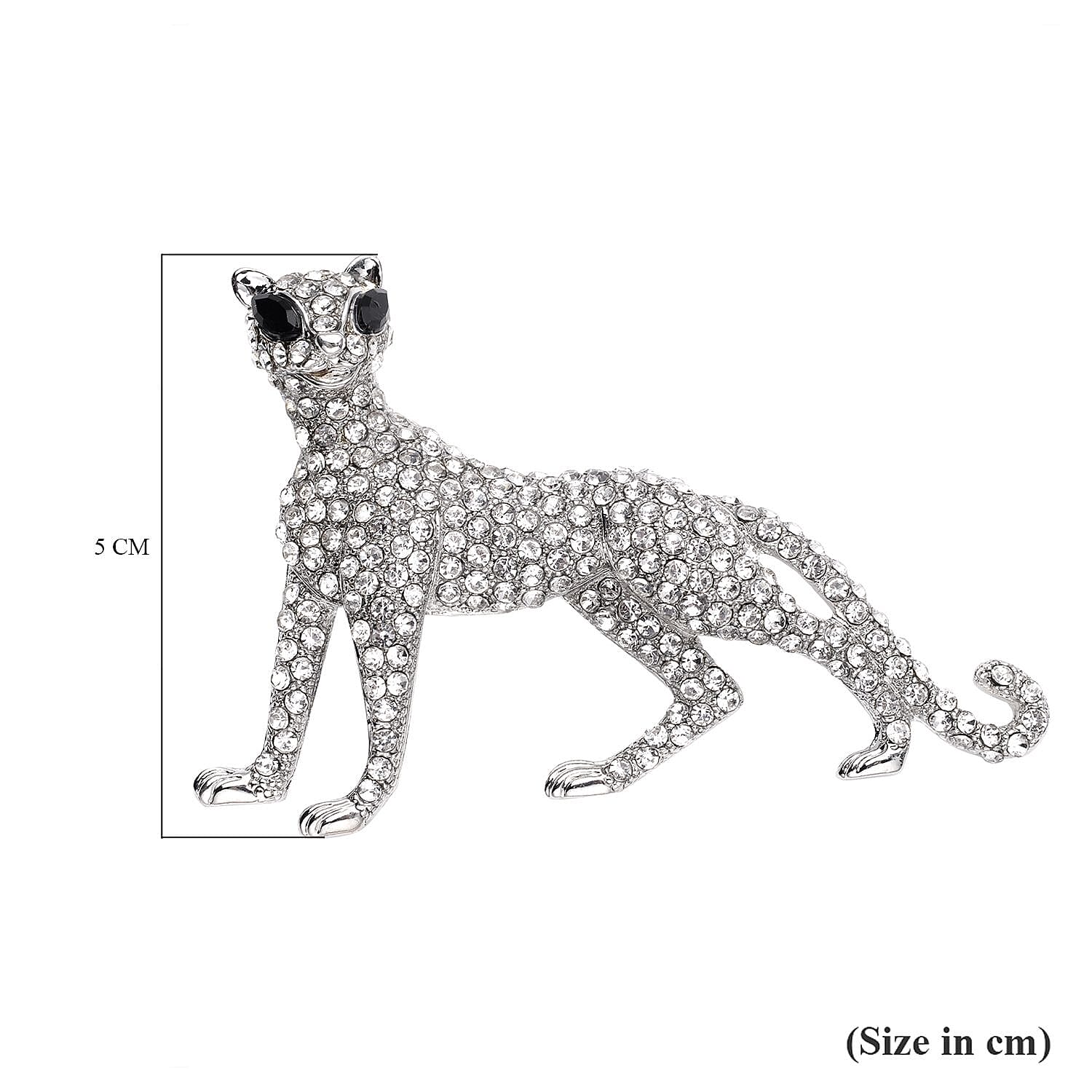 White Austrian Crystal and Simulated Black Spinel Panther Brooch in Silver Tone