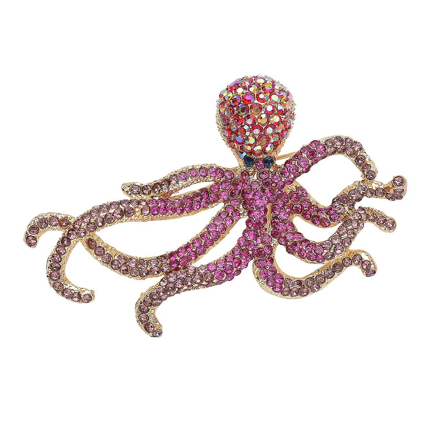 Multi Colour Austrian Crystal Octopus Brooch in Gold Tone