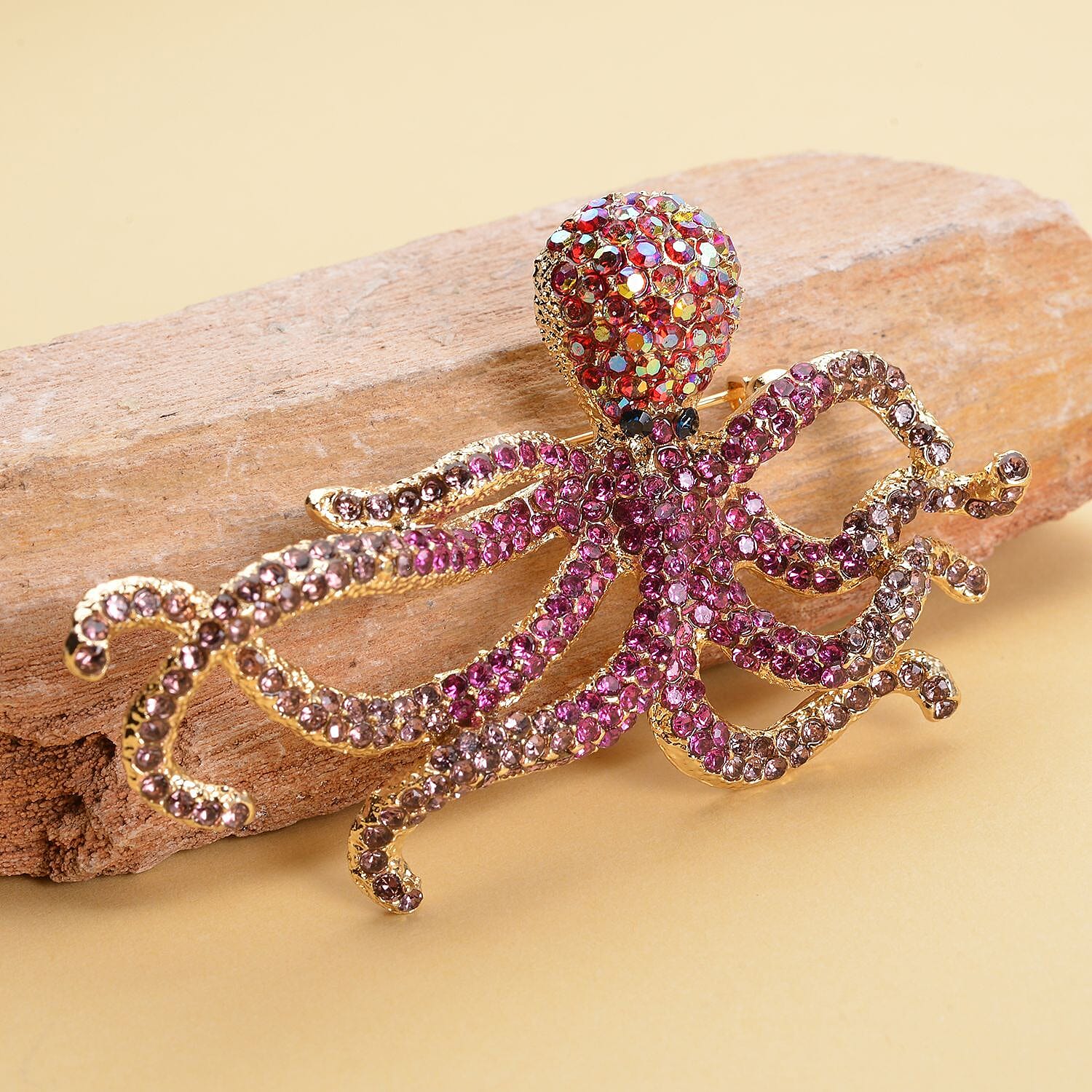 Multi Colour Austrian Crystal Octopus Brooch in Gold Tone