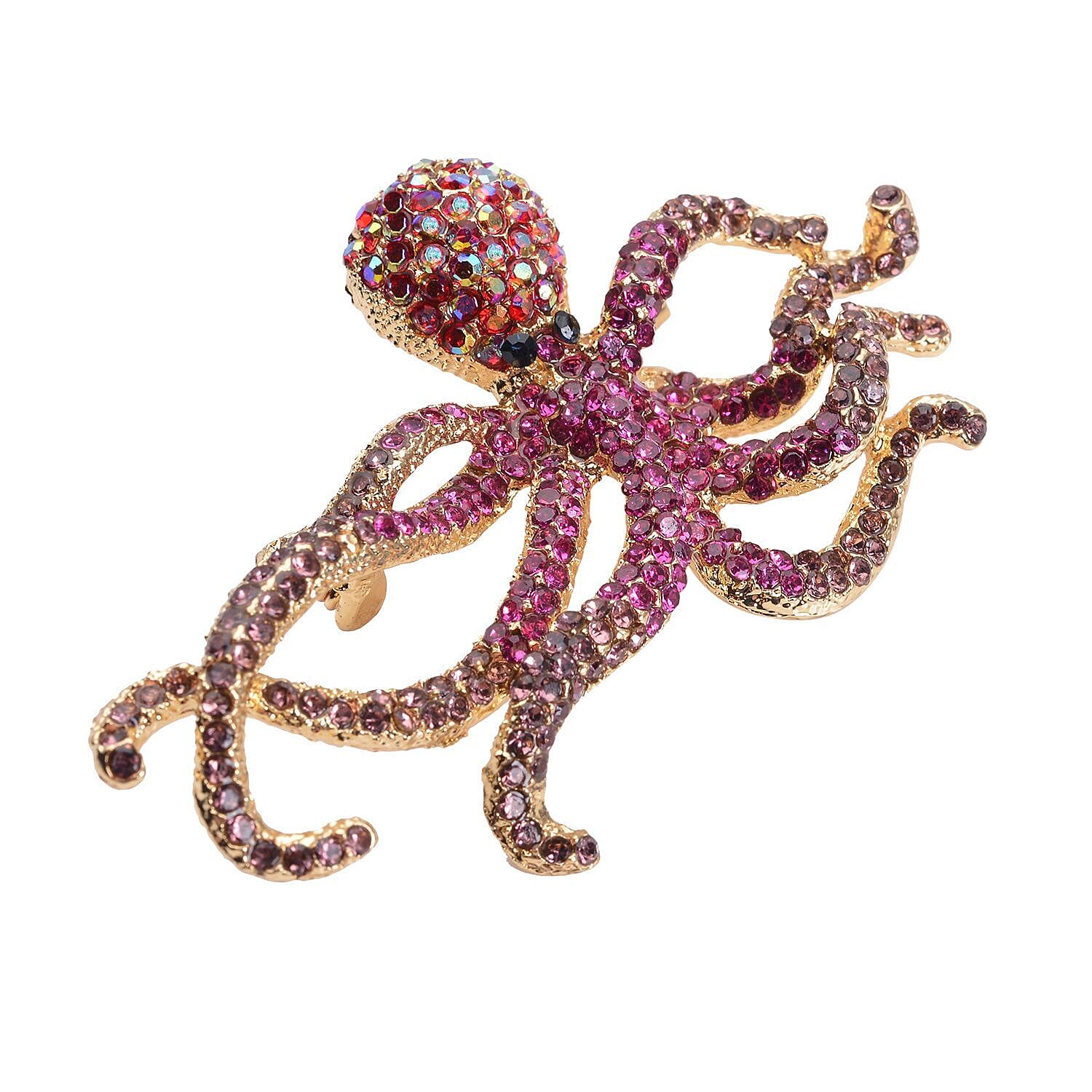 Multi Colour Austrian Crystal Octopus Brooch in Gold Tone