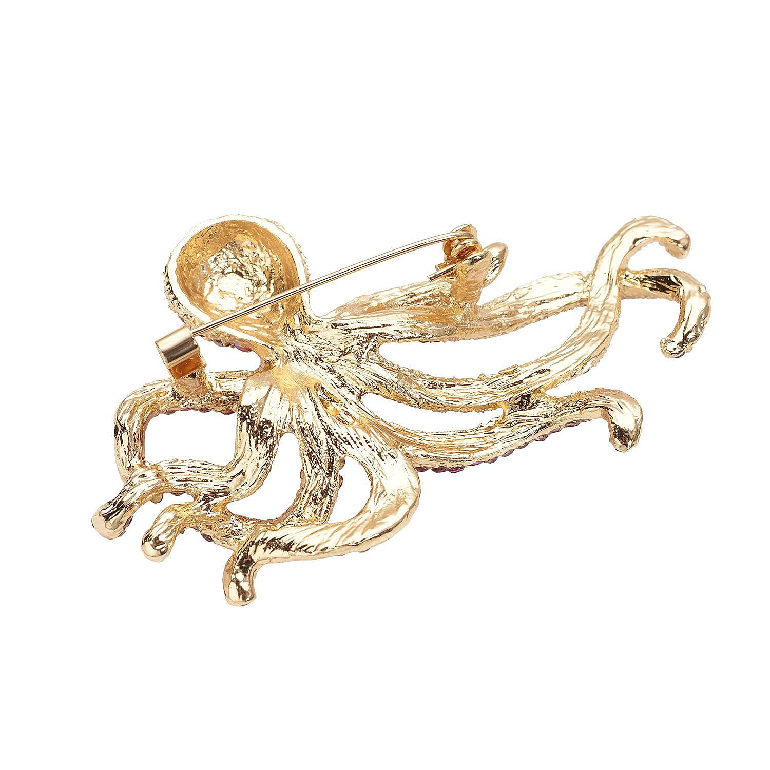 Multi Colour Austrian Crystal Octopus Brooch in Gold Tone